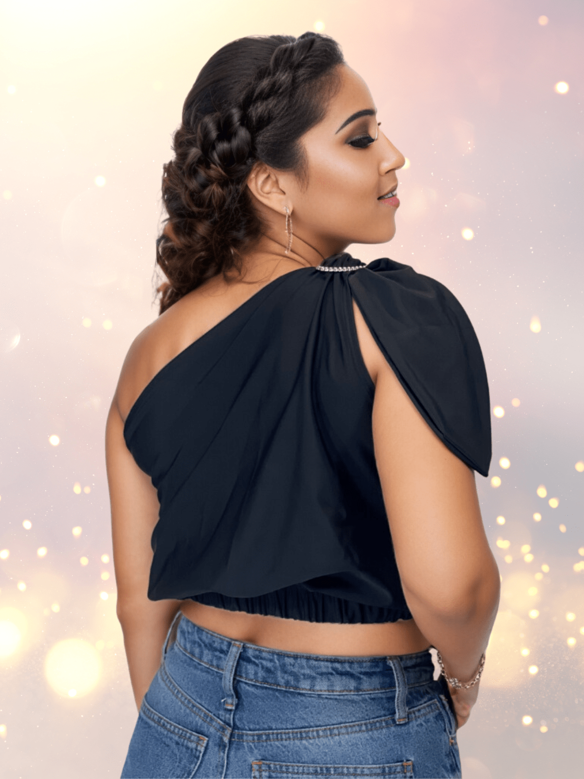 One Shoulder Puff Crop Top with 2 Free Interchangeable Buckles – Chlorine Resistant, Breathable, and Adjustable Halter Tie Black - Tenku Designs