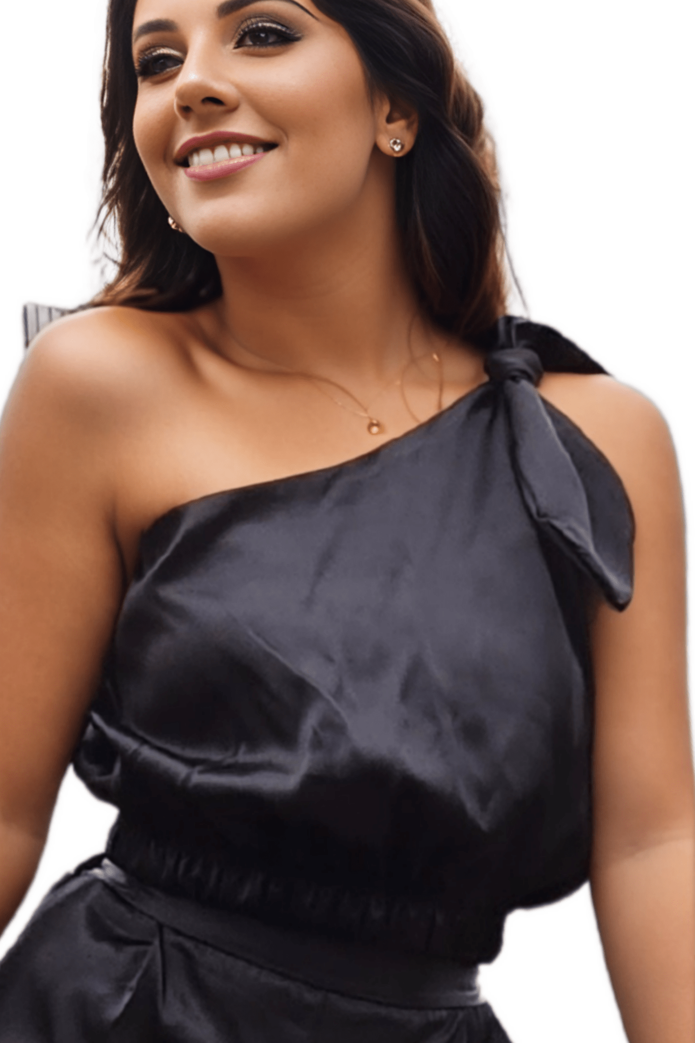 One Shoulder Satin Puff Crop Top Black - Tenku Designs