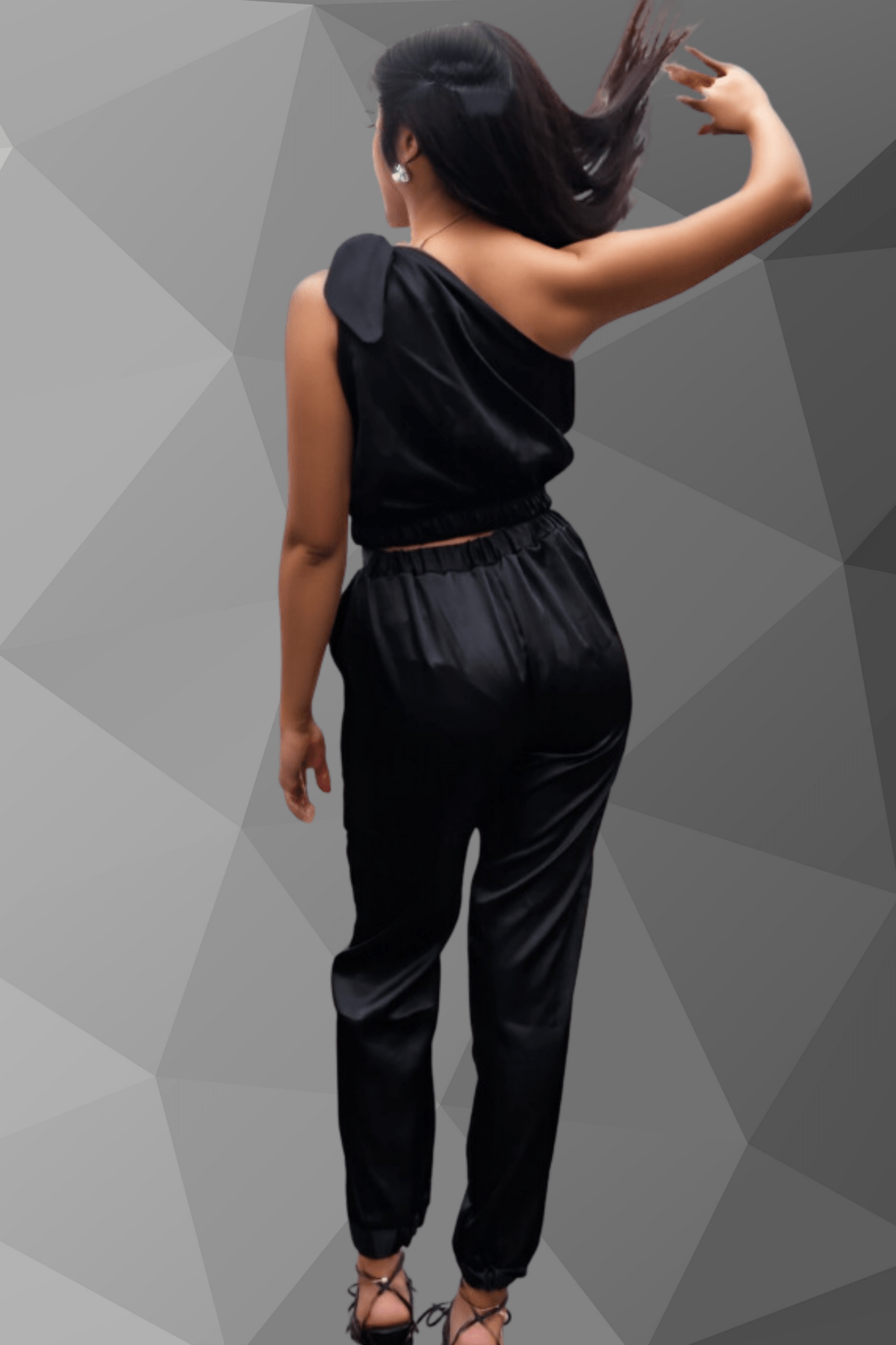 One Shoulder Satin Puff Crop Top Black - Tenku Designs
