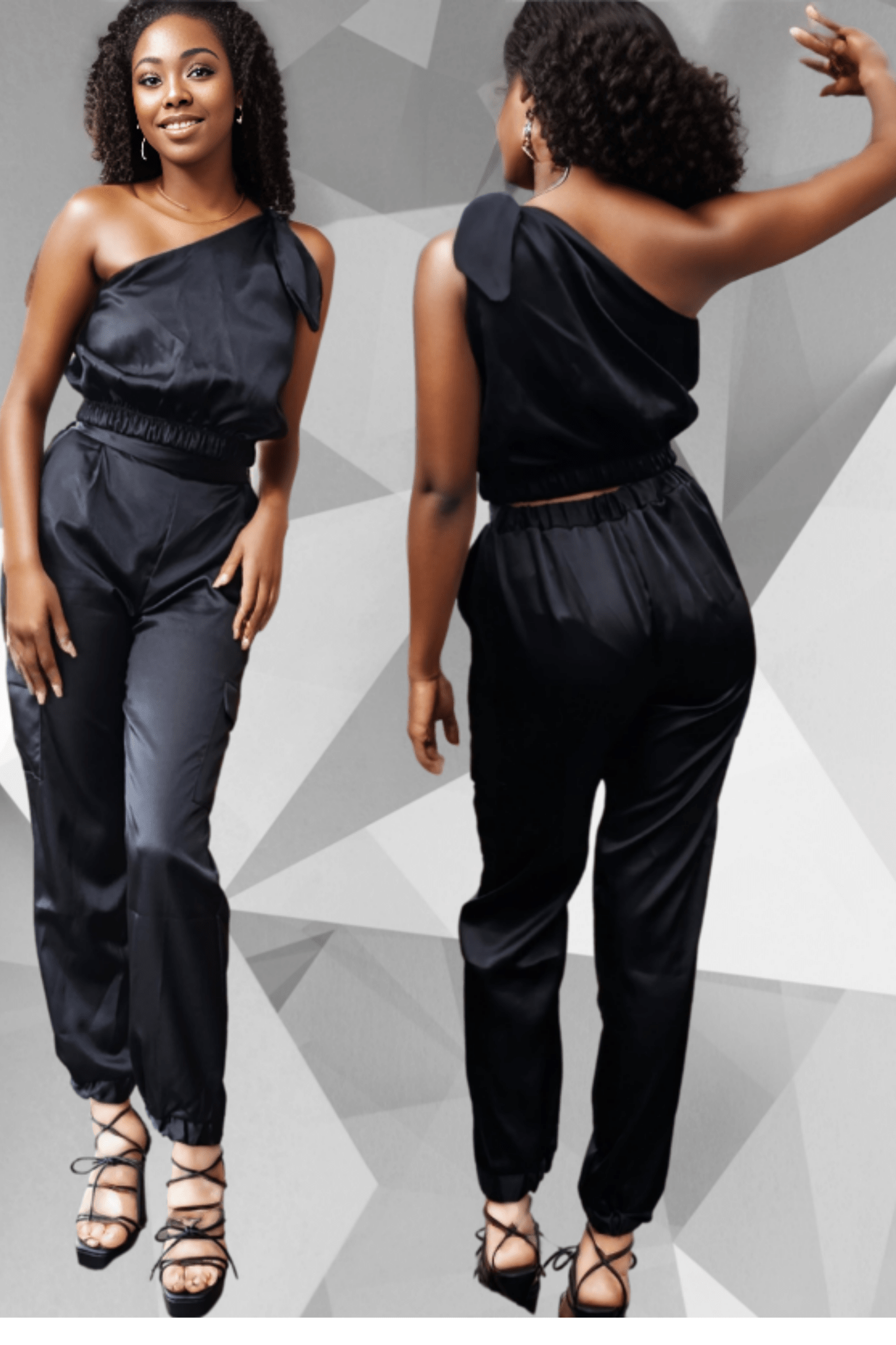 One Shoulder Satin Puff Crop Top Black - Tenku Designs