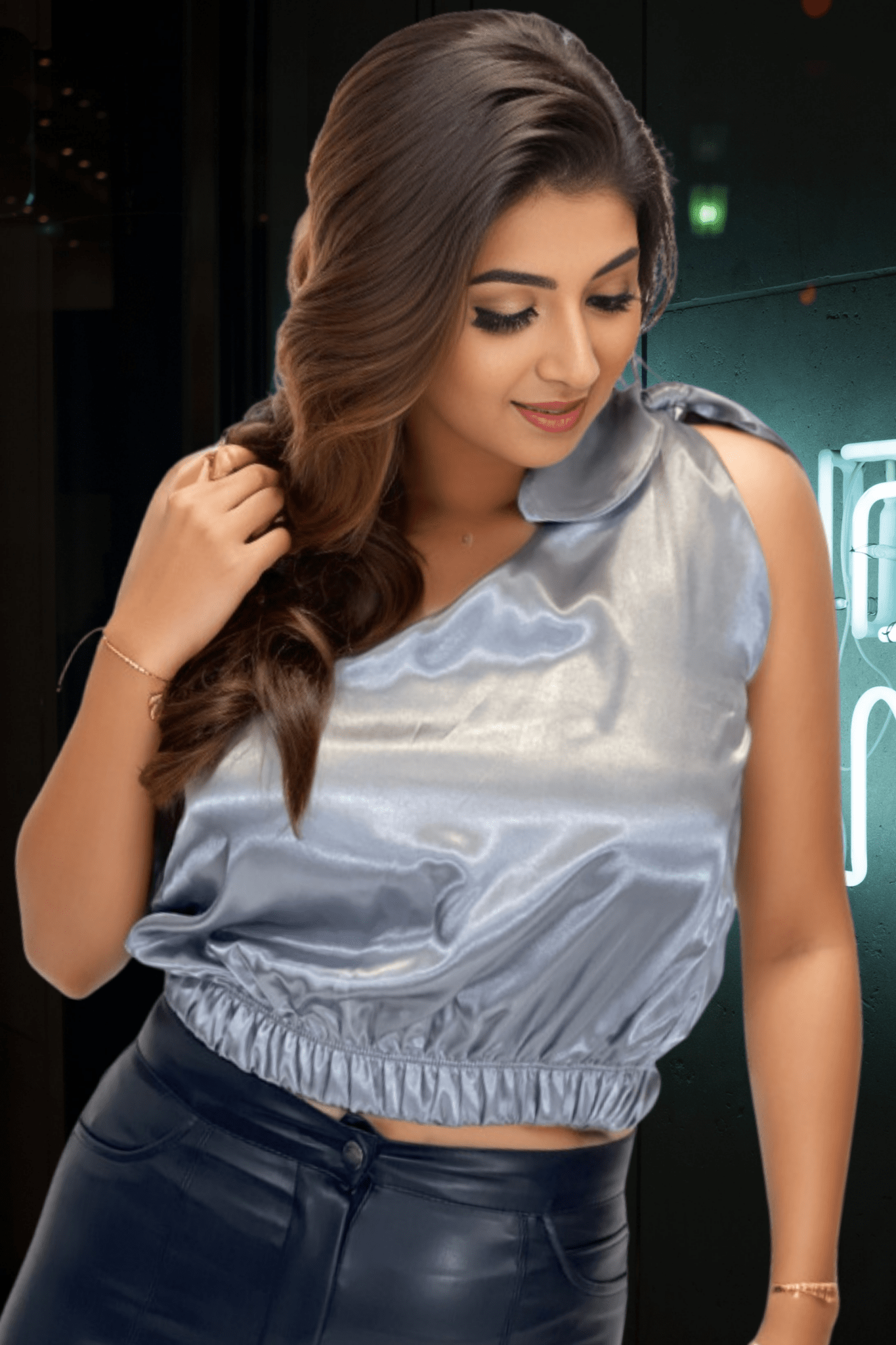 One Shoulder Satin Puff Crop Top Pearl Grey - Tenku Designs