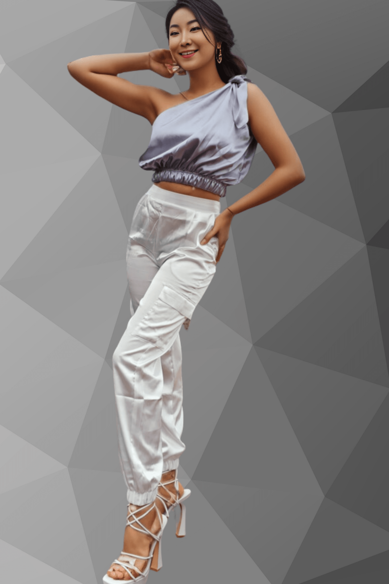 One Shoulder Satin Puff Crop Top Pearl Grey - Tenku Designs