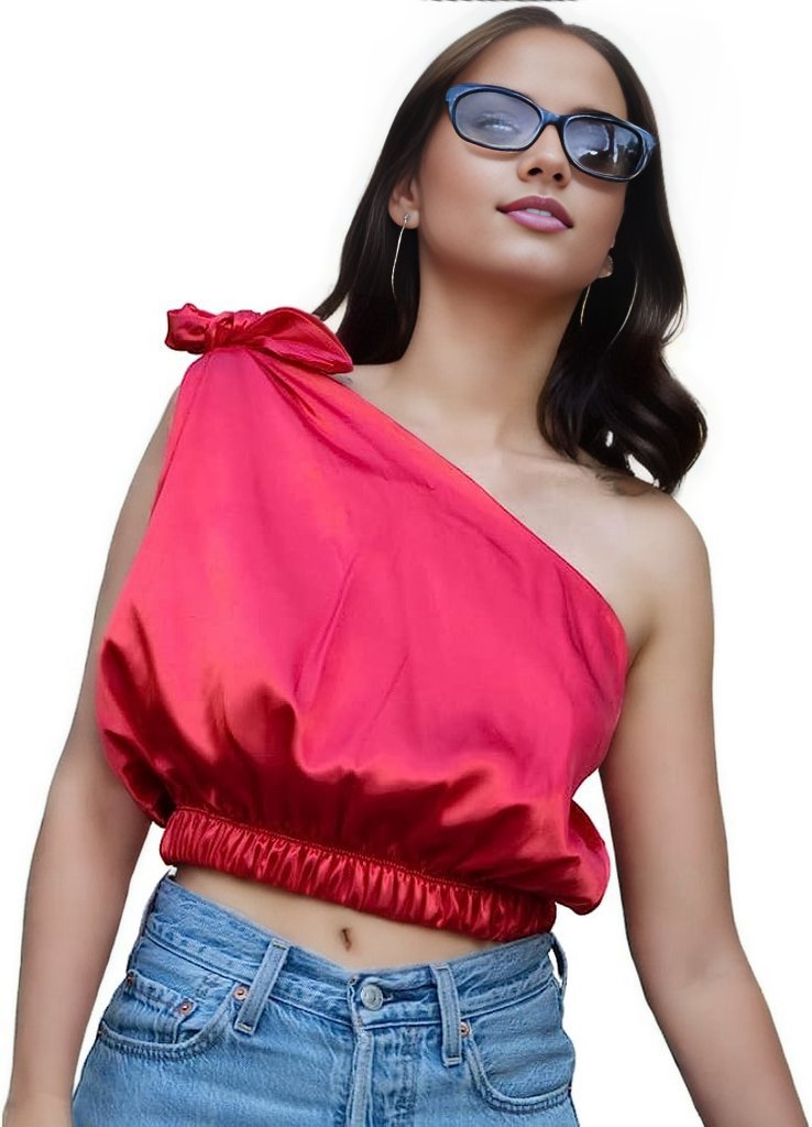 One Shoulder Satin Puff Crop Top Red - Tenku Designs