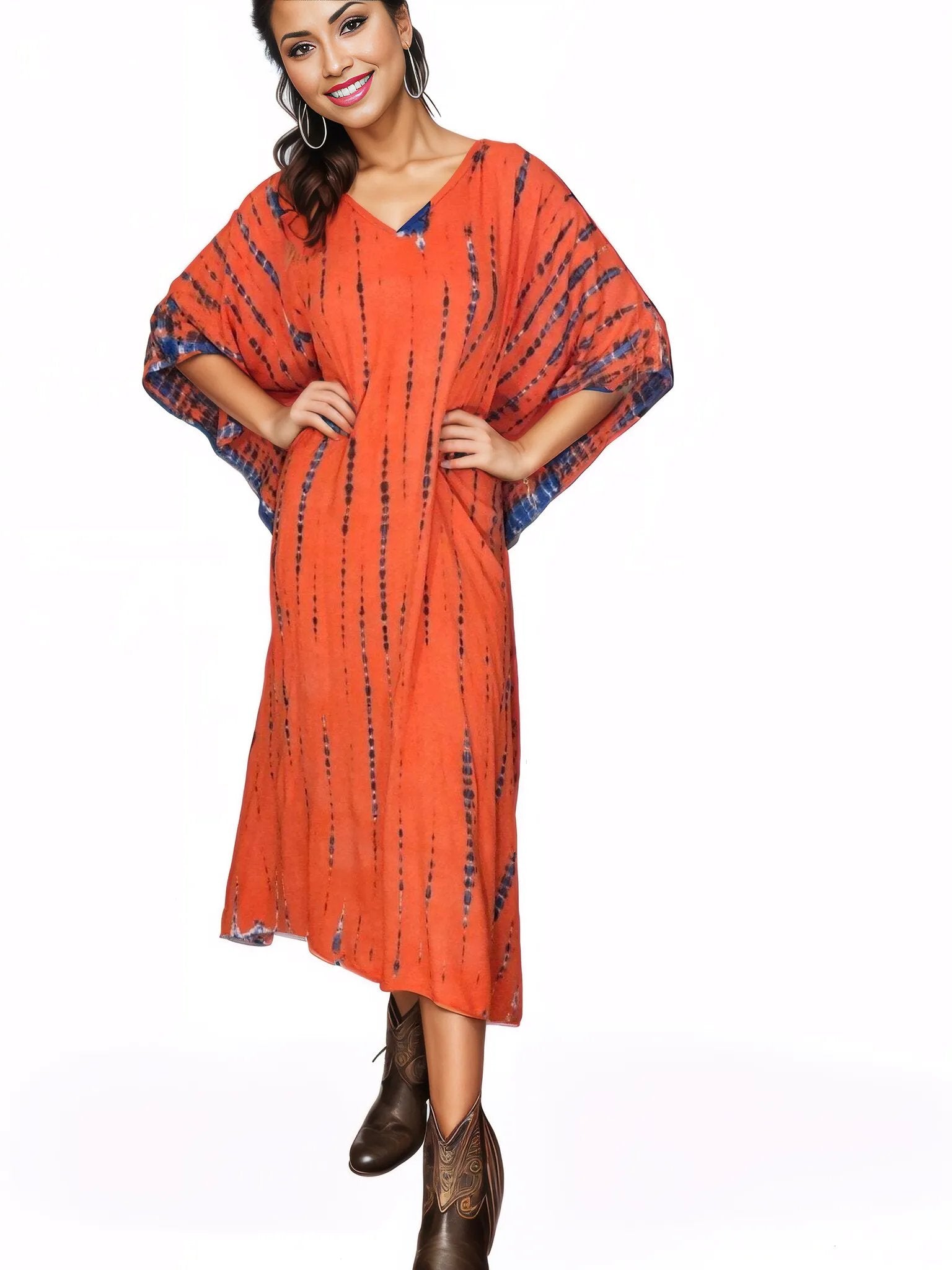 Orange/Purple Hand - Dyed Tie - Dye Maxi Kaftan Dress – Boho Chic, Flowy and Comfortable - Tenku Designs