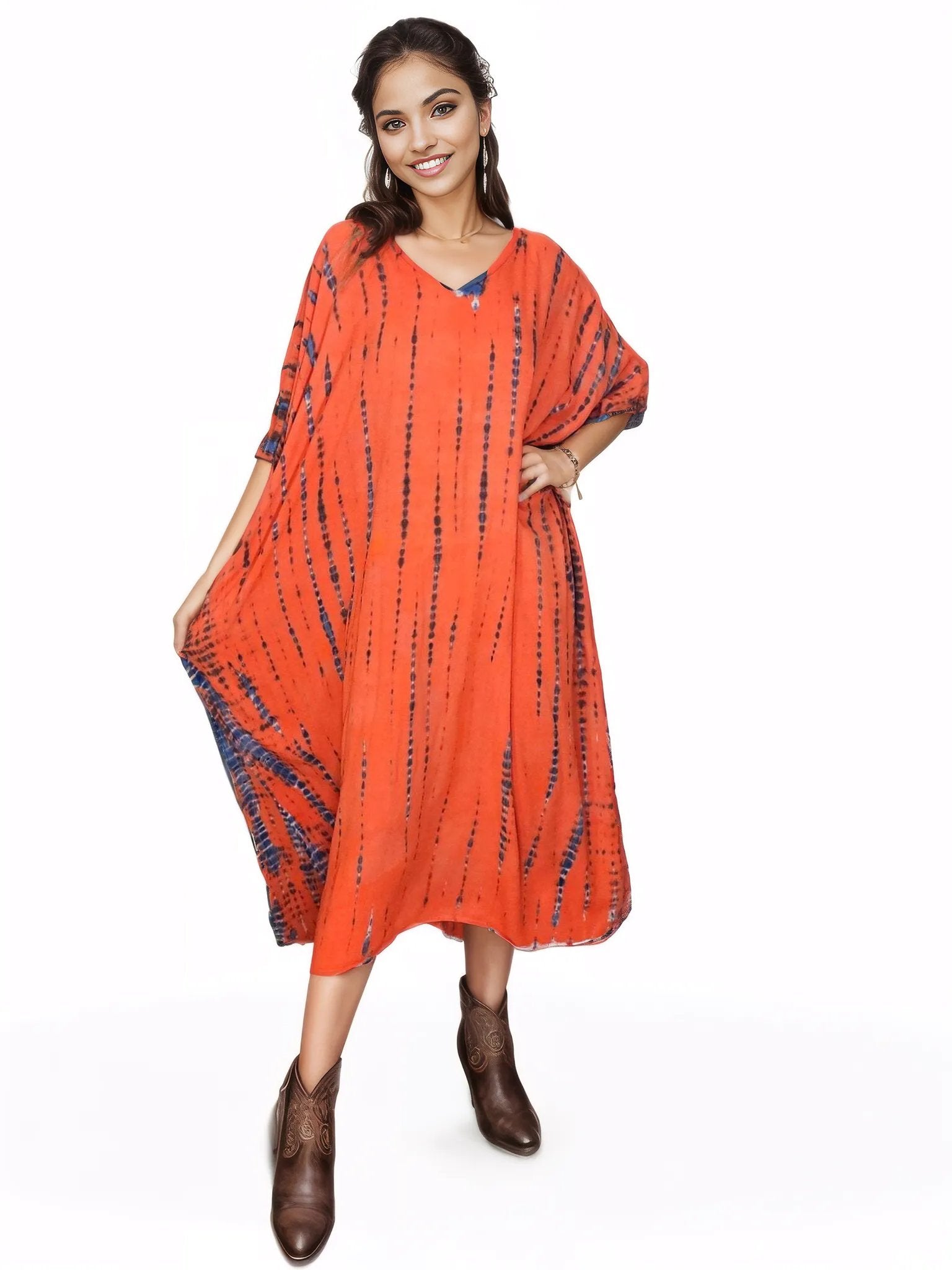 Orange/Purple Hand - Dyed Tie - Dye Maxi Kaftan Dress – Boho Chic, Flowy and Comfortable - Tenku Designs