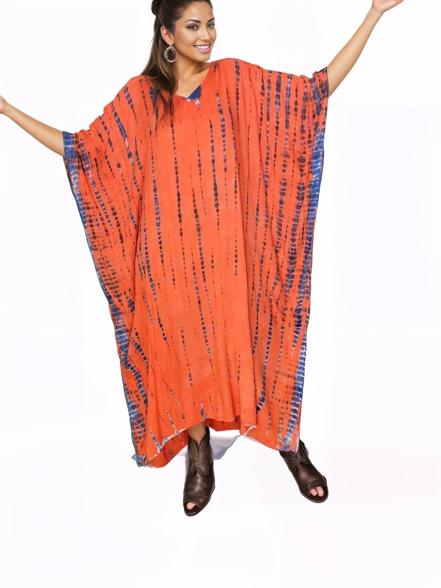 Orange/Purple Hand - Dyed Tie - Dye Maxi Kaftan Dress – Boho Chic, Flowy and Comfortable - Tenku Designs