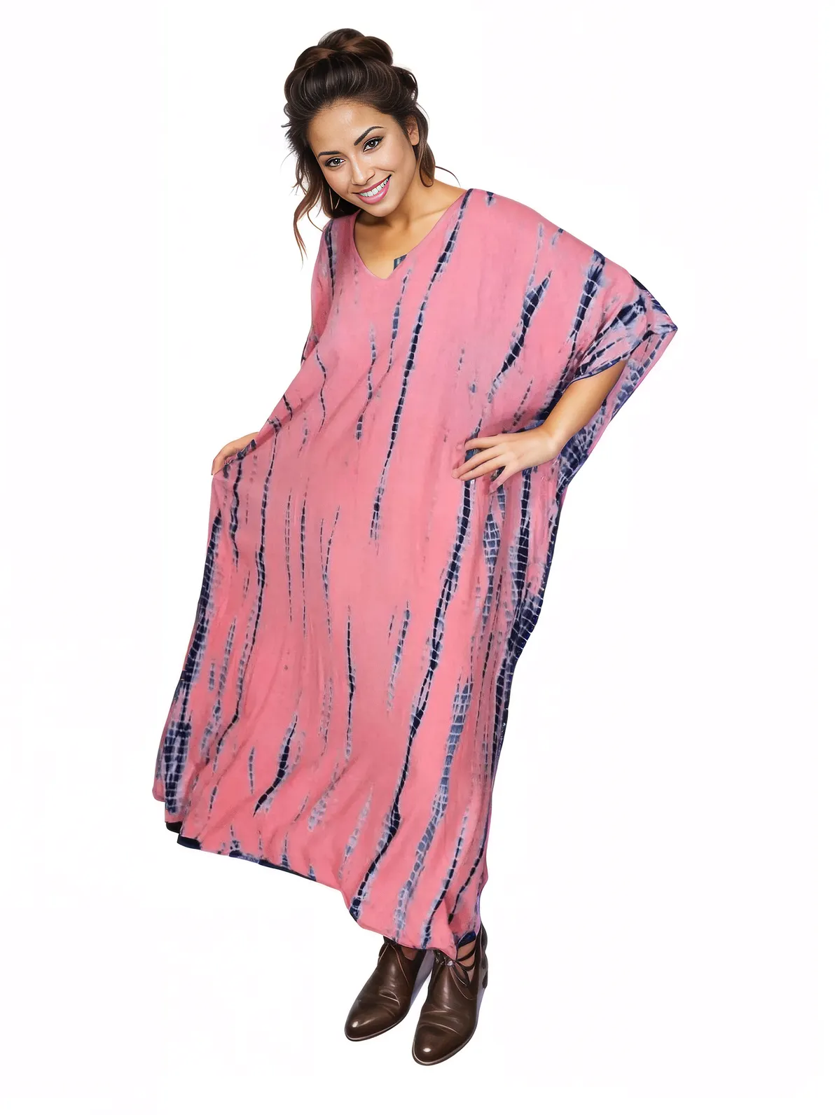 Peachy Pink Hand - Dyed Tie - Dye Maxi Kaftan Dress – Boho Chic, Flowy and Comfortable - Tenku Designs