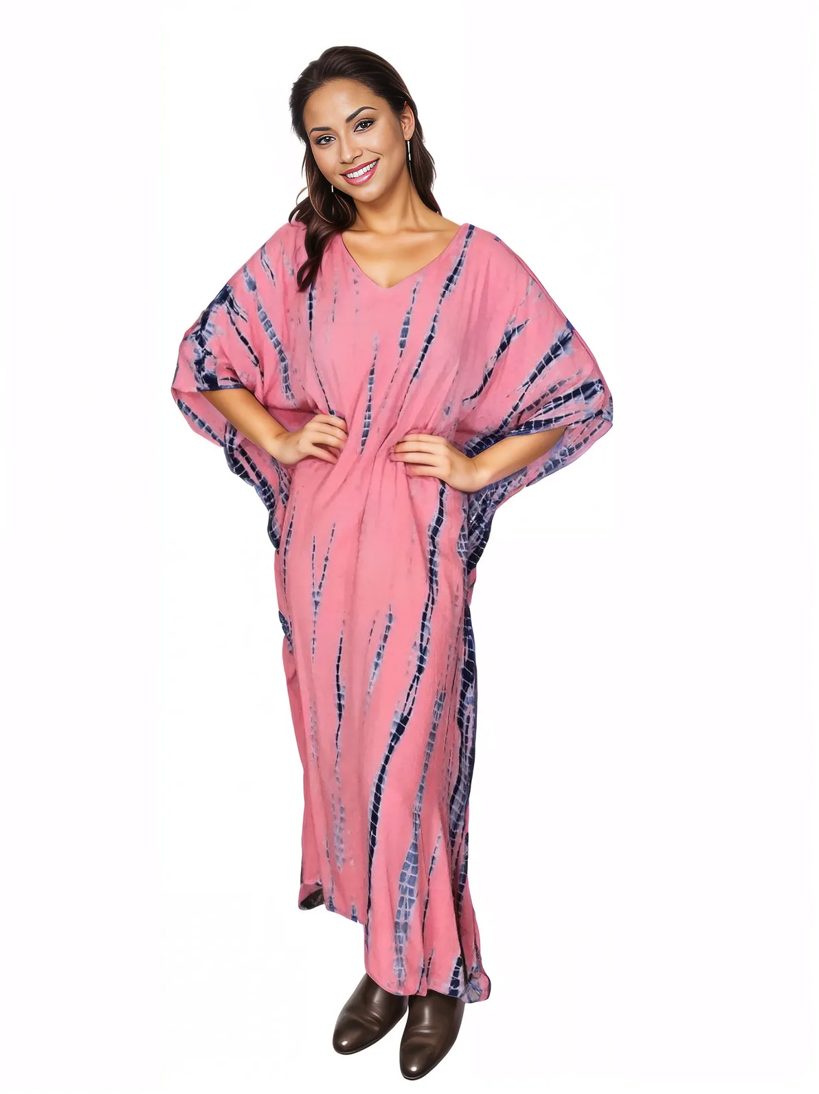 Peachy Pink Hand - Dyed Tie - Dye Maxi Kaftan Dress – Boho Chic, Flowy and Comfortable - Tenku Designs
