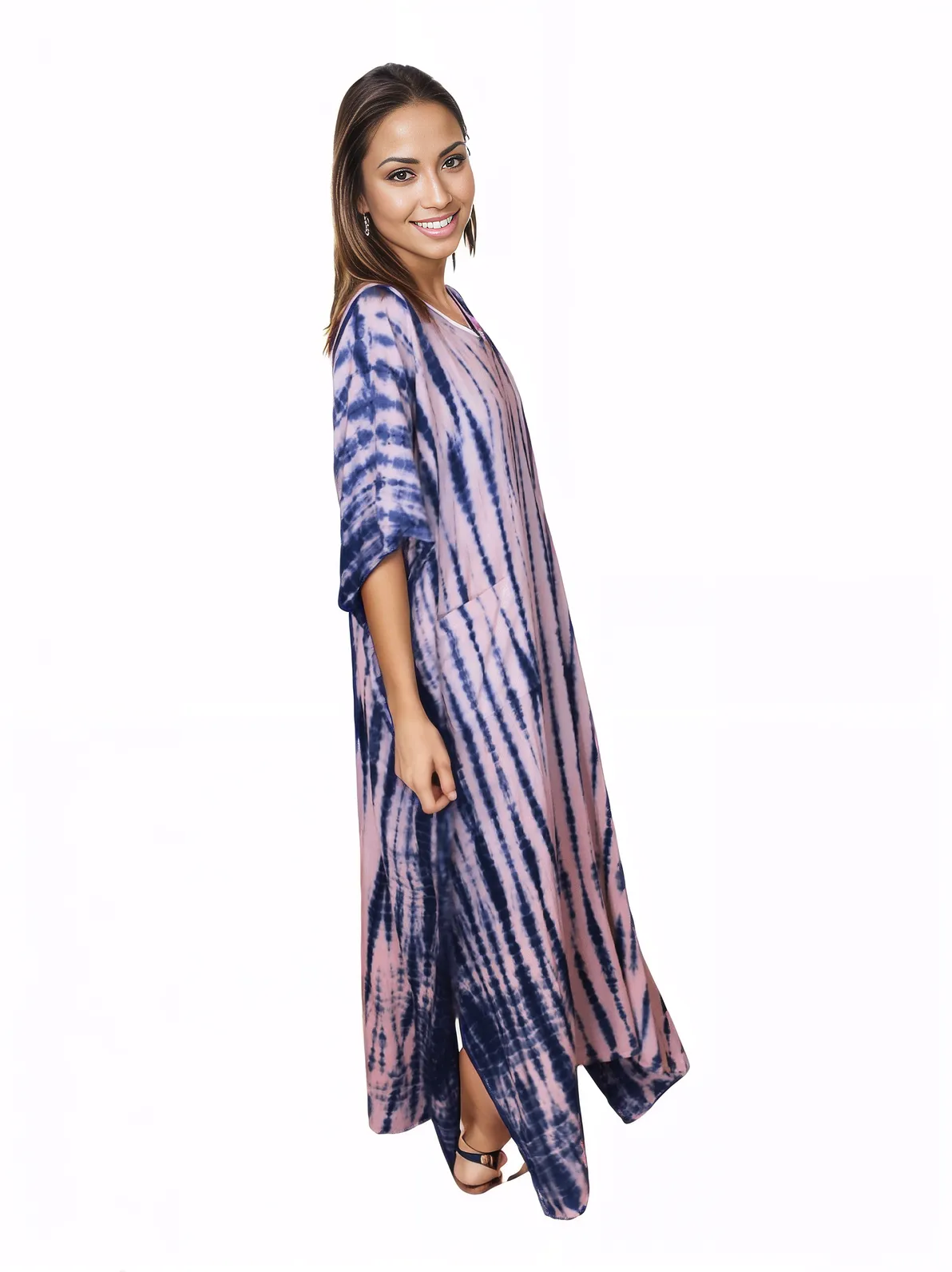 Pink/Navy blue Hand - Dyed Tie - Dye Maxi Kaftan Dress – Boho Chic, Flowy and Comfortable - Tenku Designs
