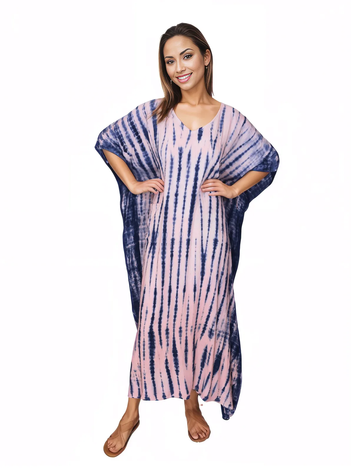 Pink/Navy blue Hand - Dyed Tie - Dye Maxi Kaftan Dress – Boho Chic, Flowy and Comfortable - Tenku Designs