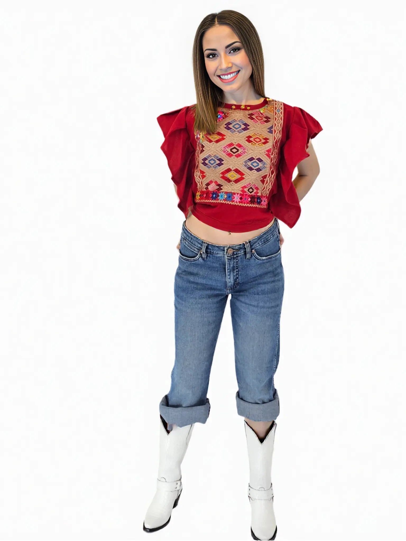 Red Ruffled Sleeve with Mexican Embroidered Chest & Adjustable Bow – Elegant & Feminine - Tenku Designs