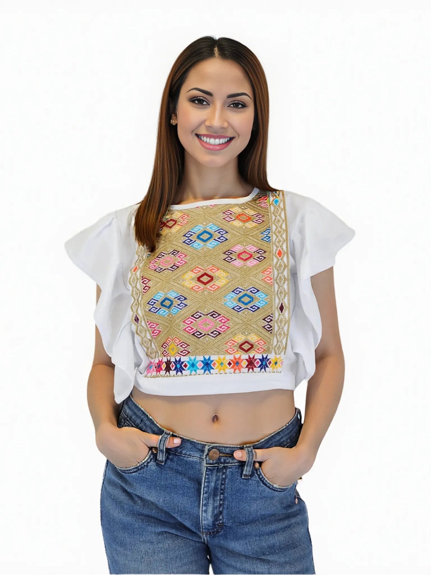 Red Ruffled Sleeve with Mexican Embroidered Chest & Adjustable Bow – Elegant & Feminine - Tenku Designs