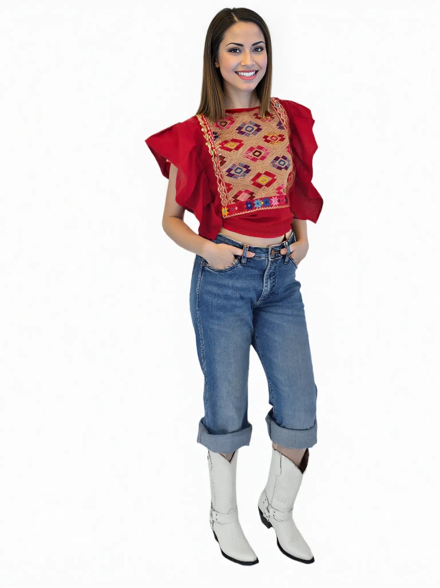 Red Ruffled Sleeve with Mexican Embroidered Chest & Adjustable Bow – Elegant & Feminine - Tenku Designs