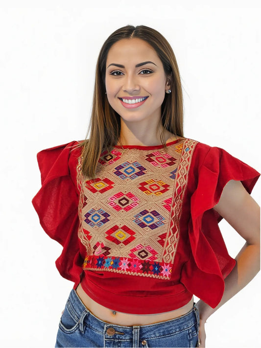 Red Ruffled Sleeve with Mexican Embroidered Chest & Adjustable Bow – Elegant & Feminine - Tenku Designs
