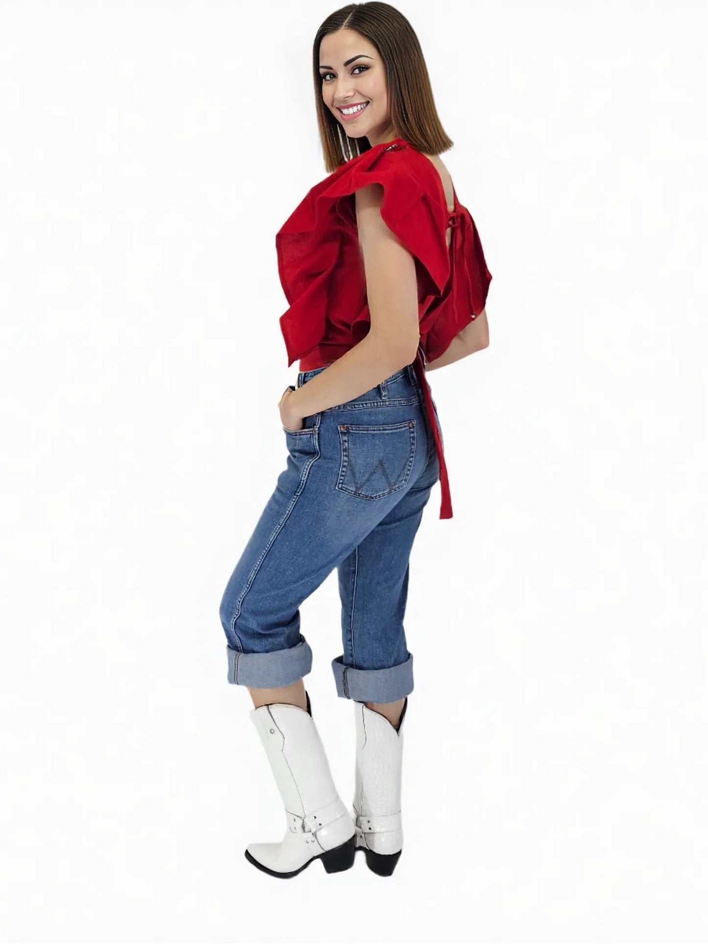 Red Ruffled Sleeve with Mexican Embroidered Chest & Adjustable Bow – Elegant & Feminine - Tenku Designs