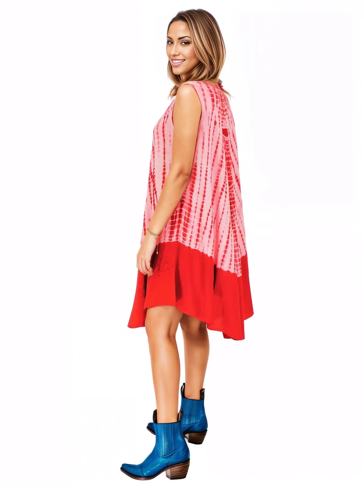 Red Tie - Dye Sleeveless Boho Dress – Lightweight & Embroidered | Tenku Designs - Tenku Designs