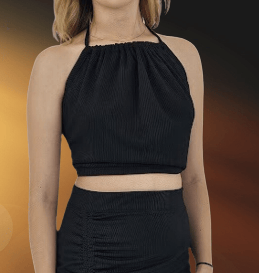 Ribbed Backless Drawstring Halter Top Black - Tenku Designs