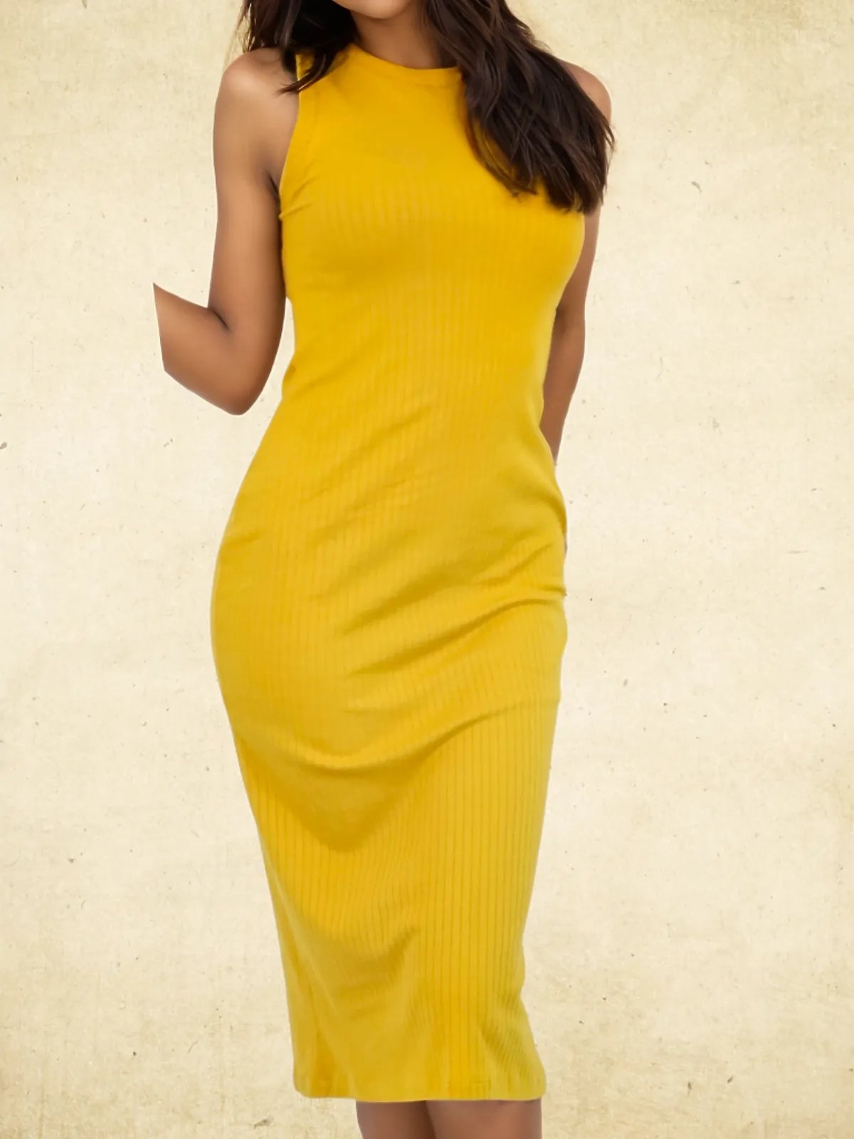 Ribbed Cotton Sleeveless Maxi Dress – Lightweight, Stretchy & Flattering Fit Mustard - Tenku Designs