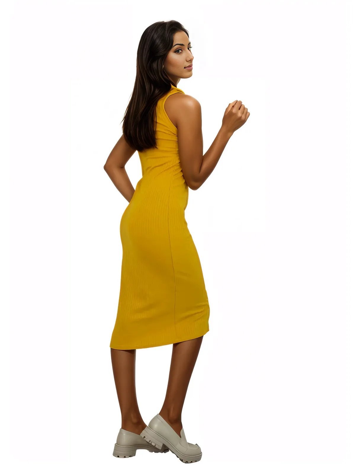 Ribbed Cotton Sleeveless Maxi Dress – Lightweight, Stretchy & Flattering Fit Mustard - Tenku Designs