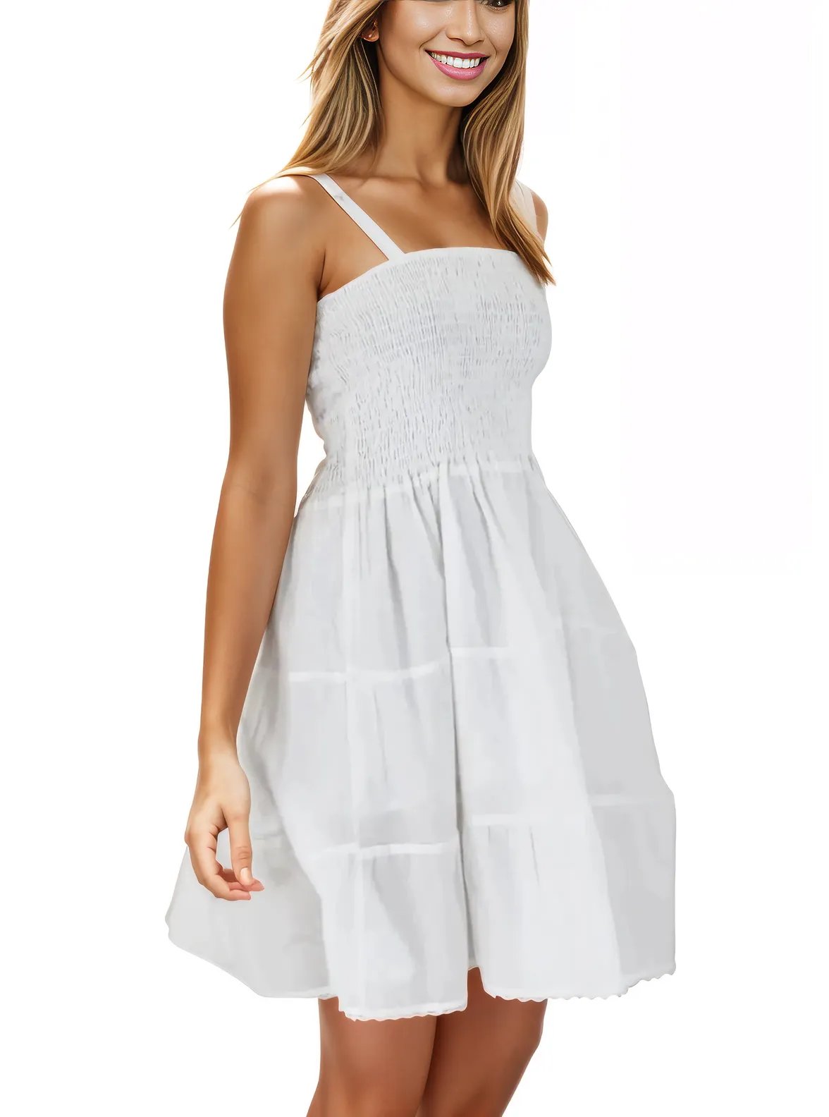 White 100% Cotton Spaghetti Strap Dress – Smocked Fit | Tenku Designs - Tenku Designs