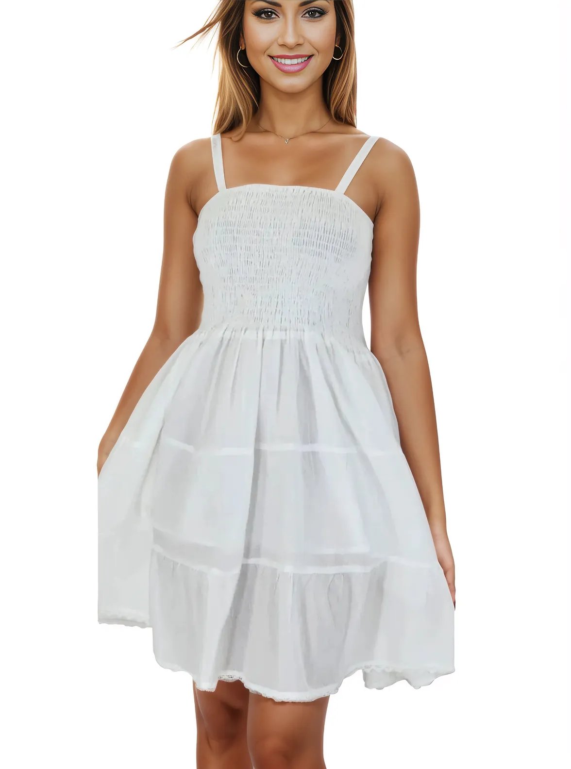 White 100% Cotton Spaghetti Strap Dress – Smocked Fit | Tenku Designs - Tenku Designs