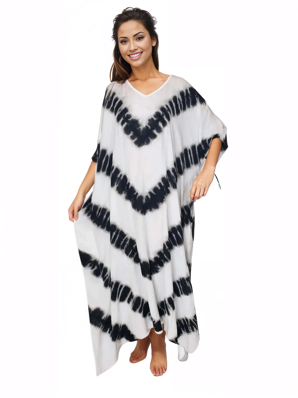 White/Black Hand - Dyed Tie - Dye Maxi Kaftan Dress – Boho Chic, Flowy and Comfortable - Tenku Designs