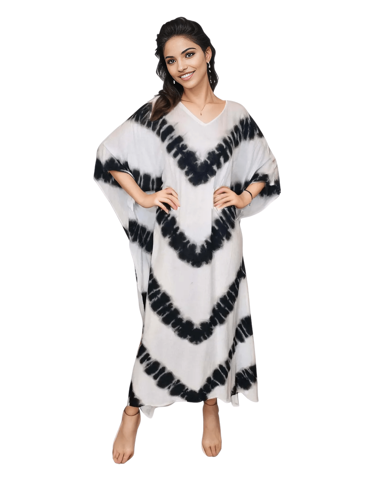 White/Black Hand - Dyed Tie - Dye Maxi Kaftan Dress – Boho Chic, Flowy and Comfortable - Tenku Designs
