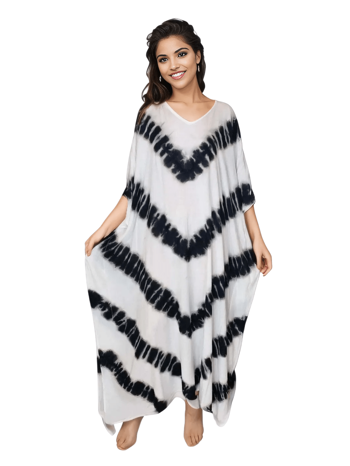 White/Black Hand - Dyed Tie - Dye Maxi Kaftan Dress – Boho Chic, Flowy and Comfortable - Tenku Designs