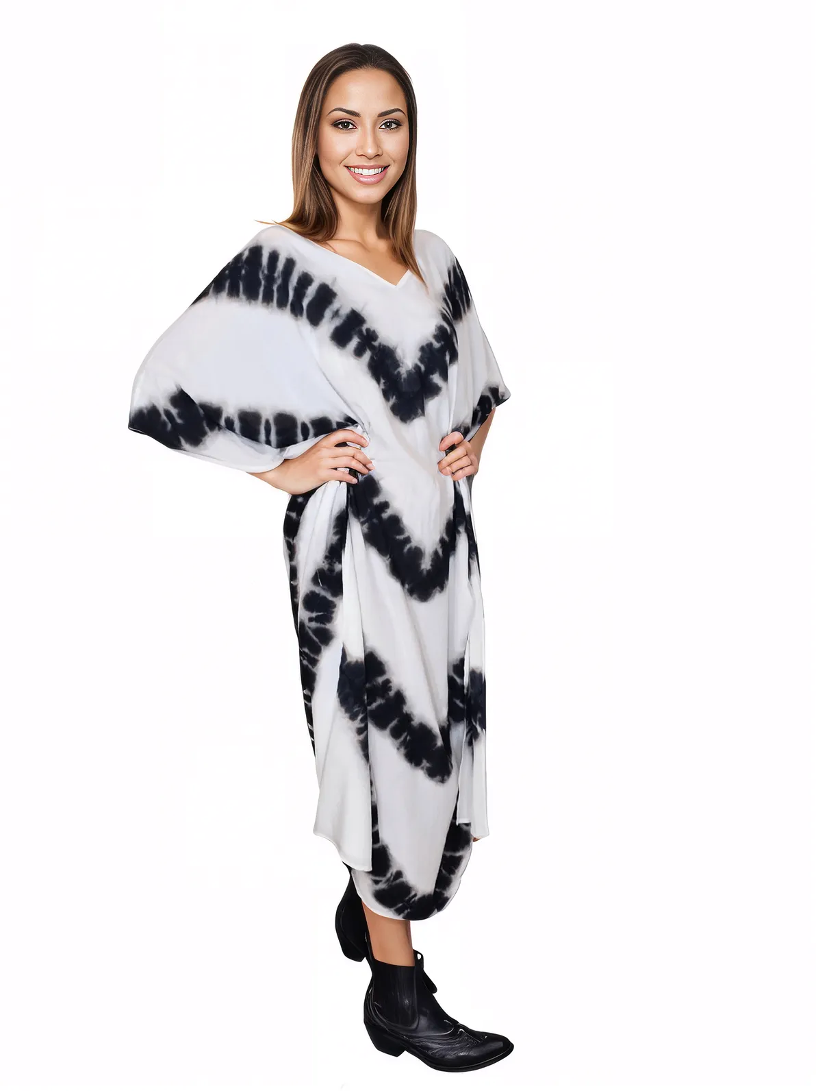 White/Black Hand - Dyed Tie - Dye Maxi Kaftan Dress – Boho Chic, Flowy and Comfortable - Tenku Designs