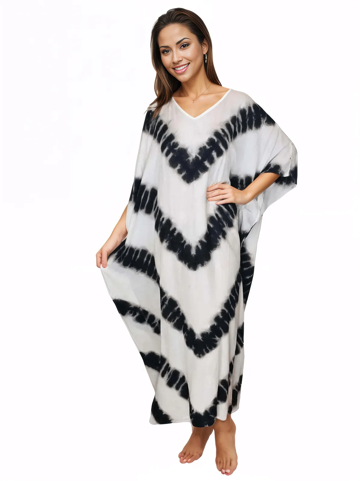 White/Black Hand - Dyed Tie - Dye Maxi Kaftan Dress – Boho Chic, Flowy and Comfortable - Tenku Designs