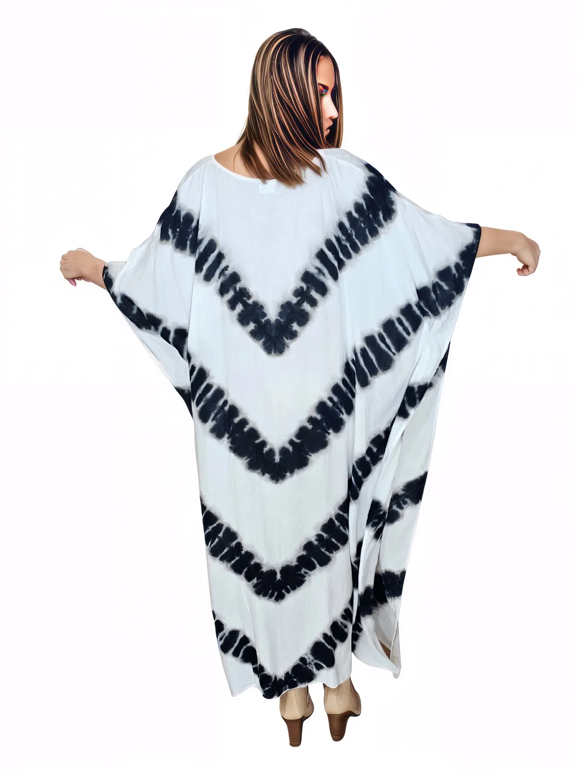 White/Black Hand - Dyed Tie - Dye Maxi Kaftan Dress – Boho Chic, Flowy and Comfortable - Tenku Designs