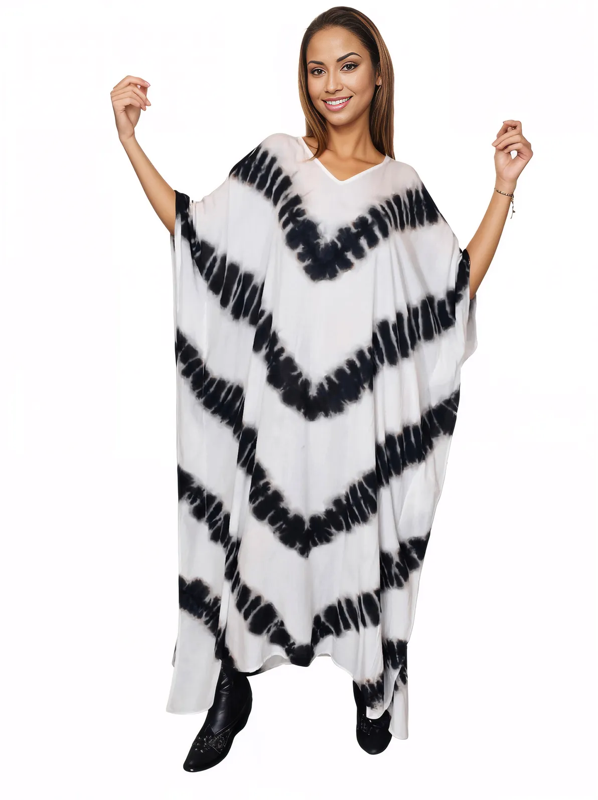 White/Black Hand - Dyed Tie - Dye Maxi Kaftan Dress – Boho Chic, Flowy and Comfortable - Tenku Designs