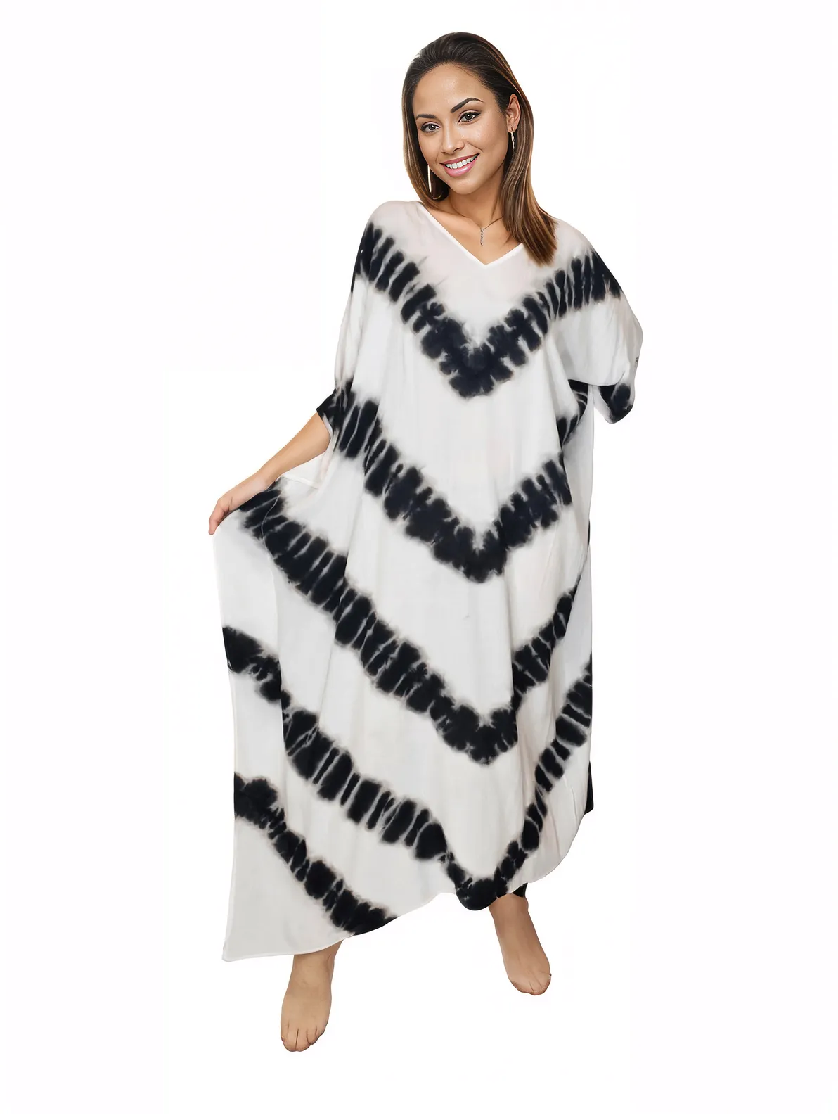 White/Black Hand - Dyed Tie - Dye Maxi Kaftan Dress – Boho Chic, Flowy and Comfortable - Tenku Designs