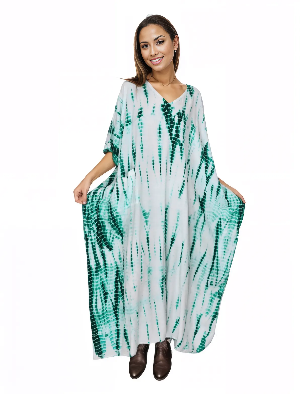 White/Green Hand - Dyed Tie - Dye Maxi Kaftan Dress – Boho Chic, Flowy and Comfortable - Tenku Designs