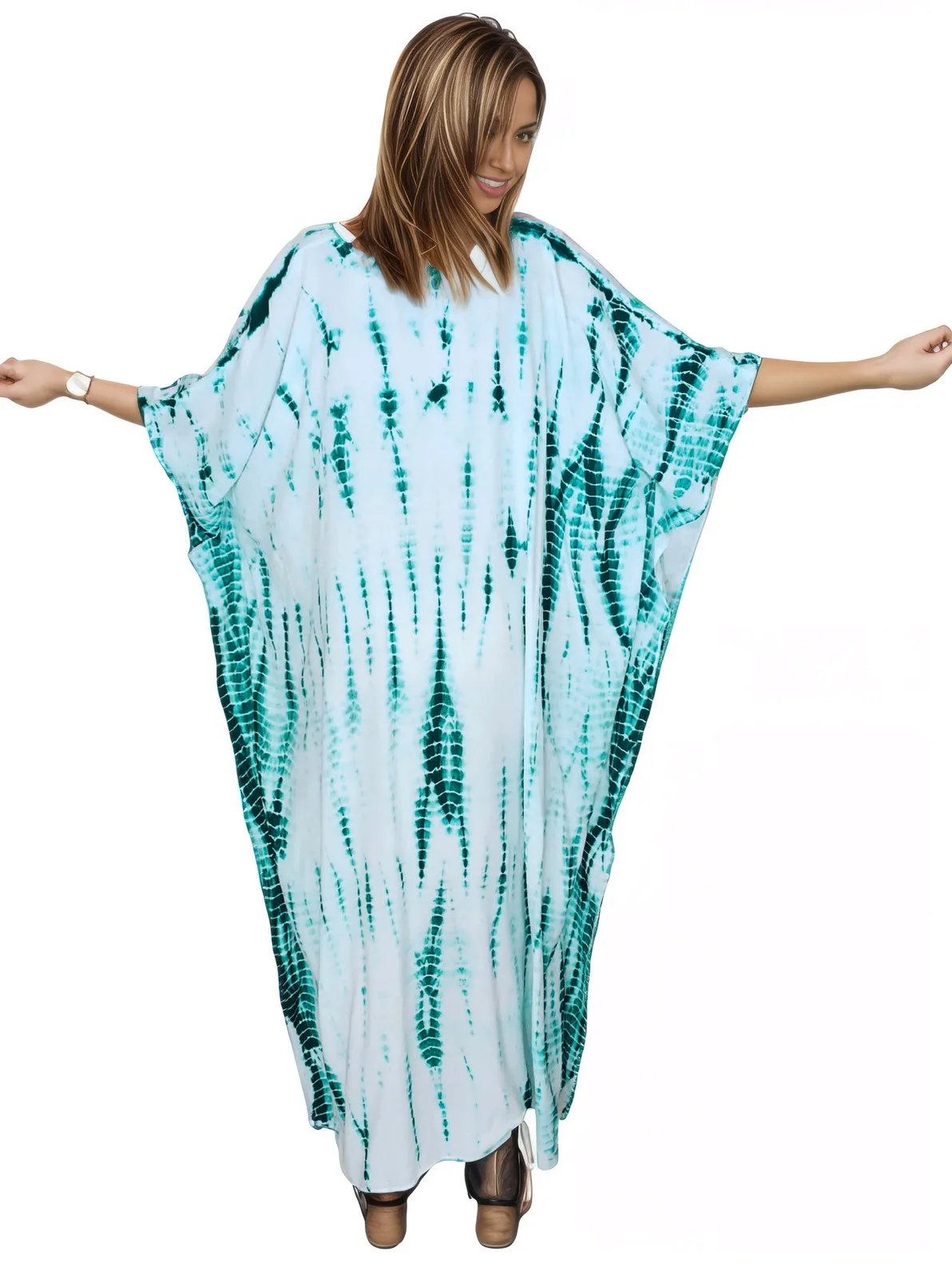 White/Green Hand - Dyed Tie - Dye Maxi Kaftan Dress – Boho Chic, Flowy and Comfortable - Tenku Designs
