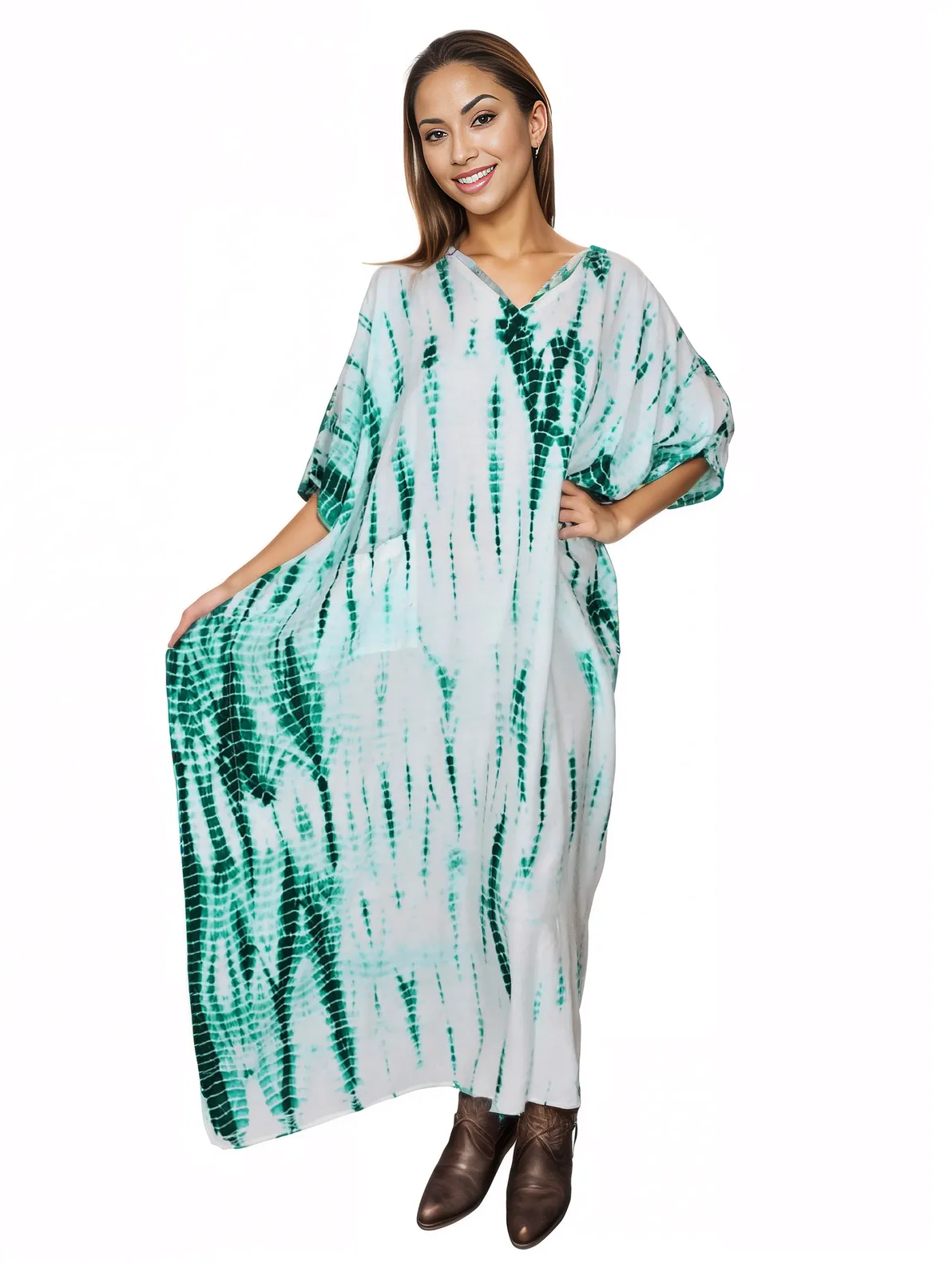 White/Green Hand - Dyed Tie - Dye Maxi Kaftan Dress – Boho Chic, Flowy and Comfortable - Tenku Designs