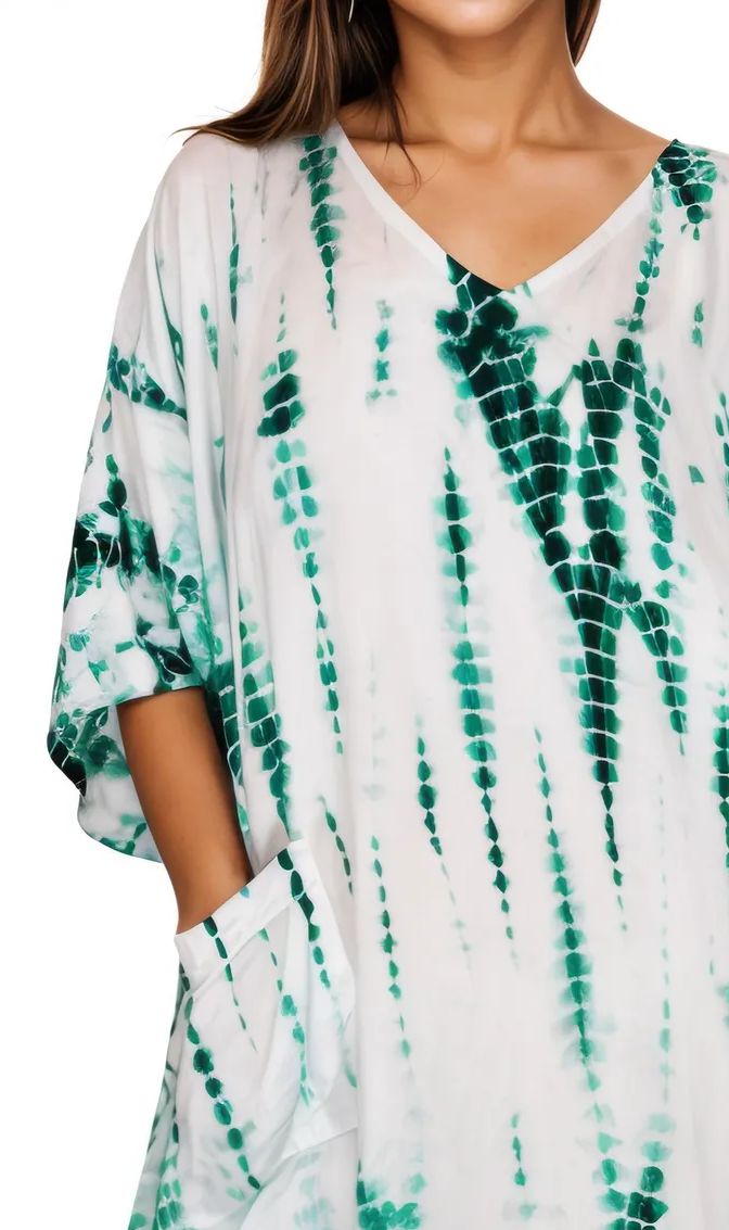 White/Green Hand - Dyed Tie - Dye Maxi Kaftan Dress – Boho Chic, Flowy and Comfortable - Tenku Designs
