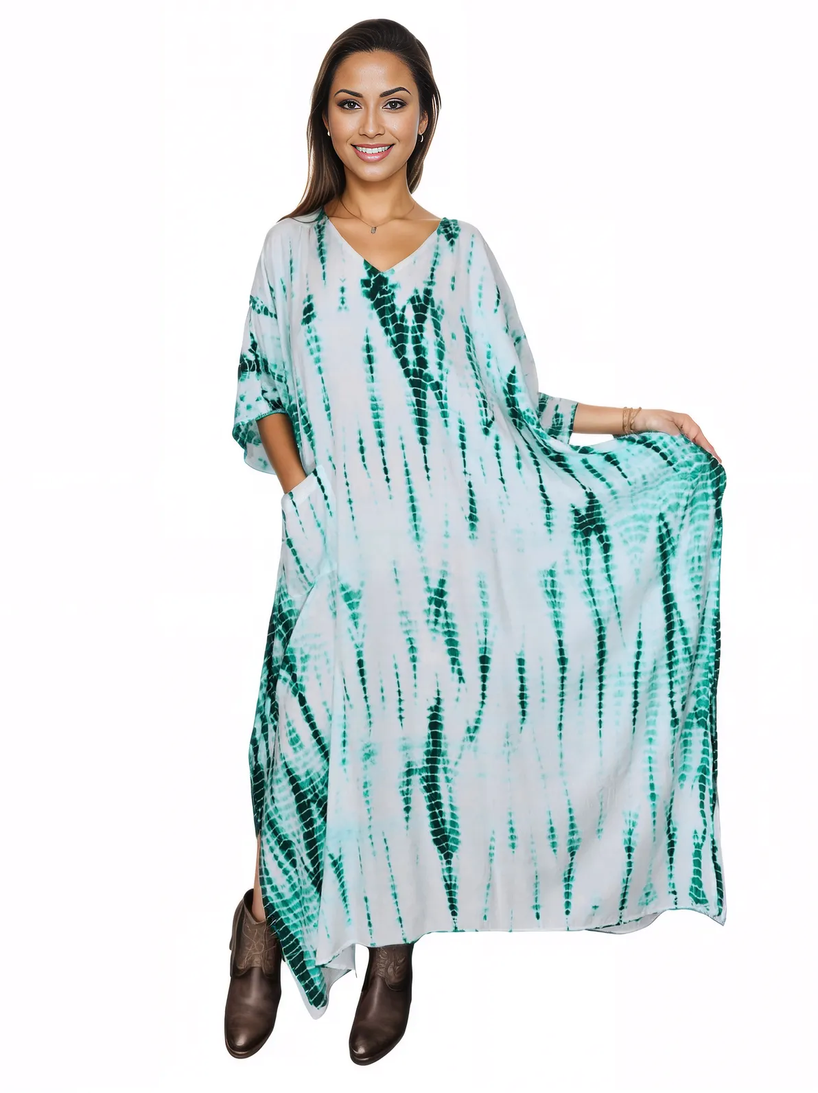 White/Green Hand - Dyed Tie - Dye Maxi Kaftan Dress – Boho Chic, Flowy and Comfortable - Tenku Designs
