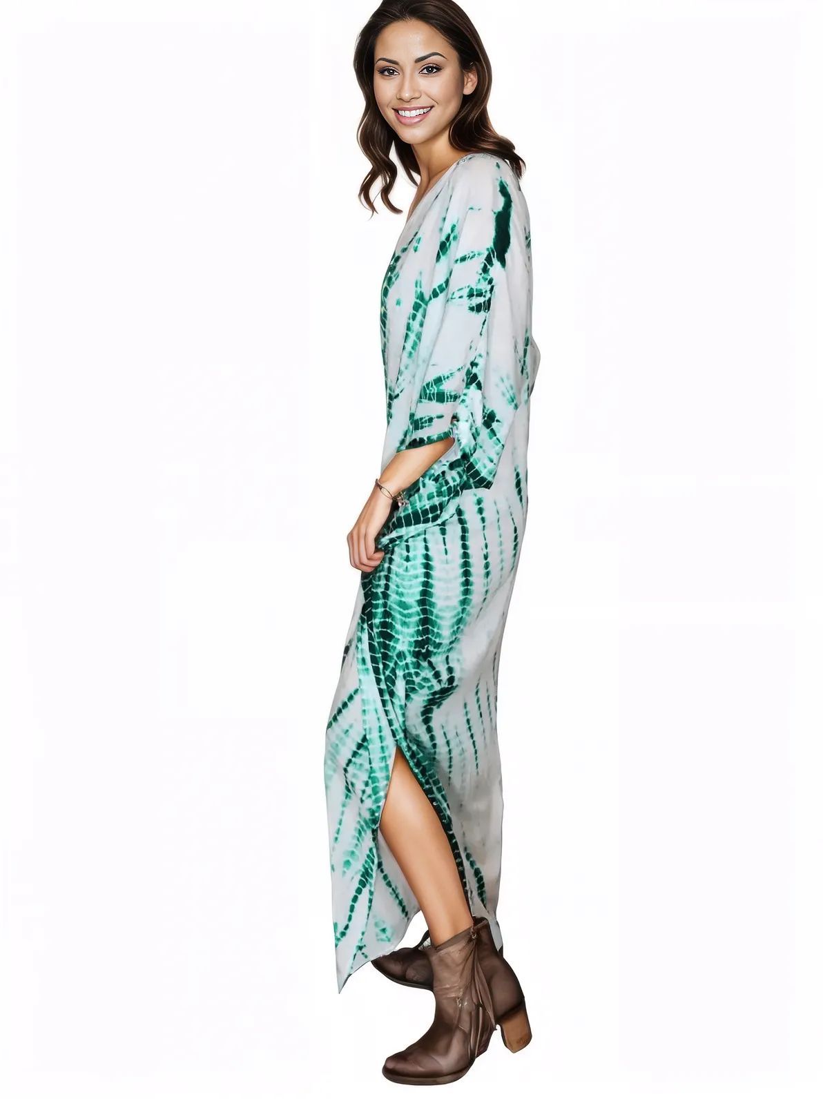 White/Green Hand - Dyed Tie - Dye Maxi Kaftan Dress – Boho Chic, Flowy and Comfortable - Tenku Designs