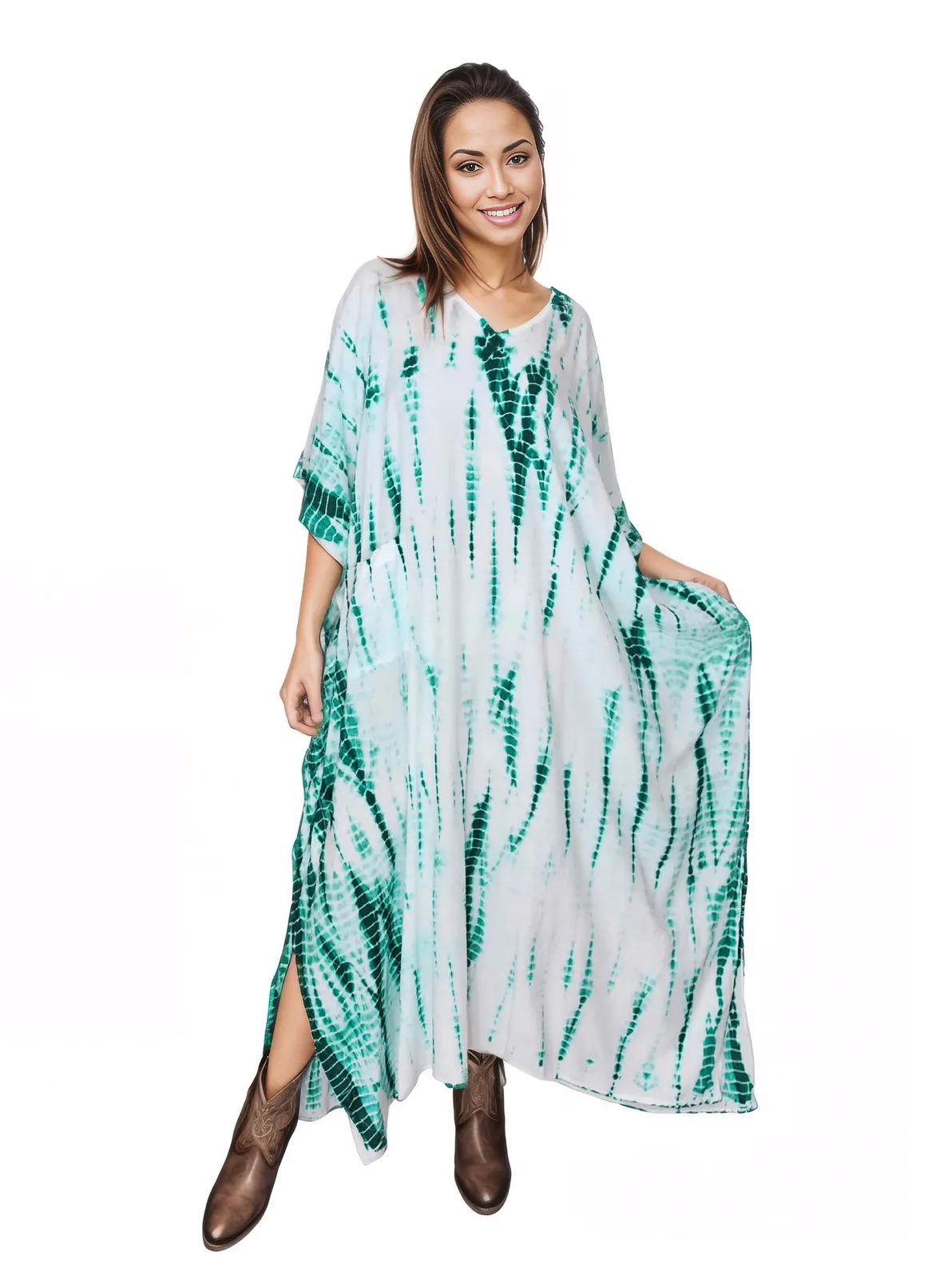 White/Green Hand - Dyed Tie - Dye Maxi Kaftan Dress – Boho Chic, Flowy and Comfortable - Tenku Designs