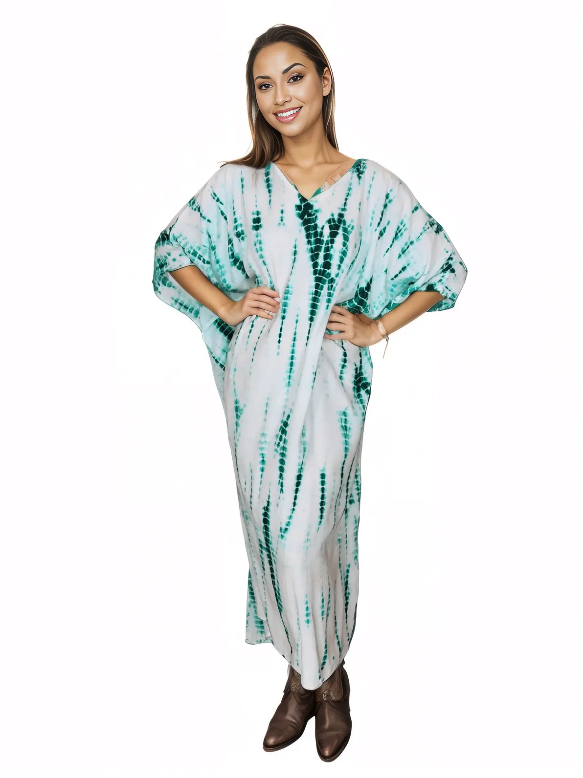 White/Green Hand - Dyed Tie - Dye Maxi Kaftan Dress – Boho Chic, Flowy and Comfortable - Tenku Designs