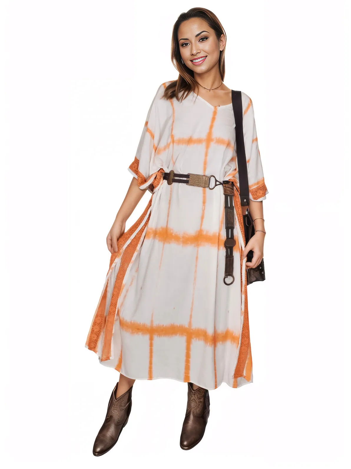 White/Orange Hand - Dyed Tie - Dye Maxi Kaftan Dress – Boho Chic, Flowy and Comfortable - Tenku Designs