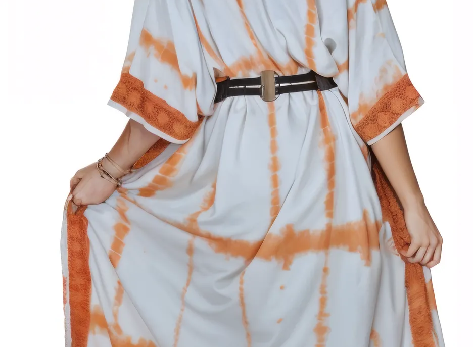 White/Orange Hand - Dyed Tie - Dye Maxi Kaftan Dress – Boho Chic, Flowy and Comfortable - Tenku Designs