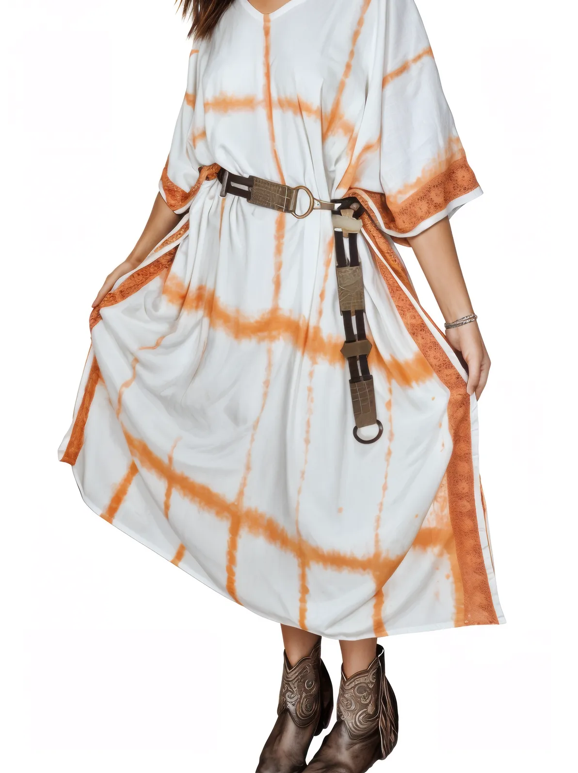 White/Orange Hand - Dyed Tie - Dye Maxi Kaftan Dress – Boho Chic, Flowy and Comfortable - Tenku Designs