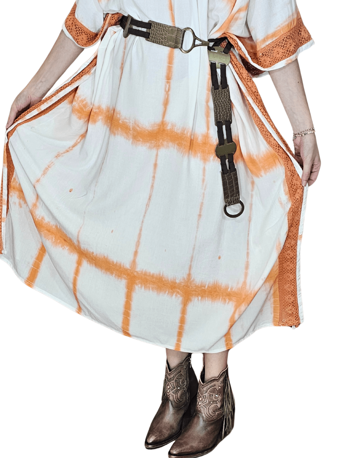 White/Orange Hand - Dyed Tie - Dye Maxi Kaftan Dress – Boho Chic, Flowy and Comfortable - Tenku Designs