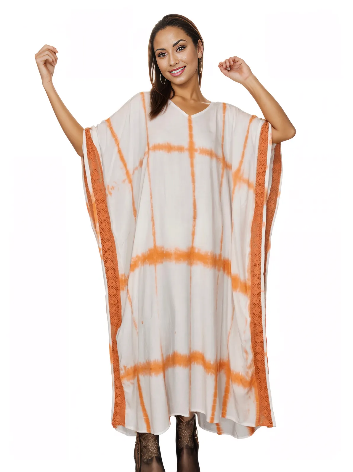 White/Orange Hand - Dyed Tie - Dye Maxi Kaftan Dress – Boho Chic, Flowy and Comfortable - Tenku Designs