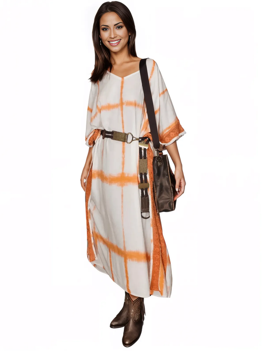 White/Orange Hand - Dyed Tie - Dye Maxi Kaftan Dress – Boho Chic, Flowy and Comfortable - Tenku Designs