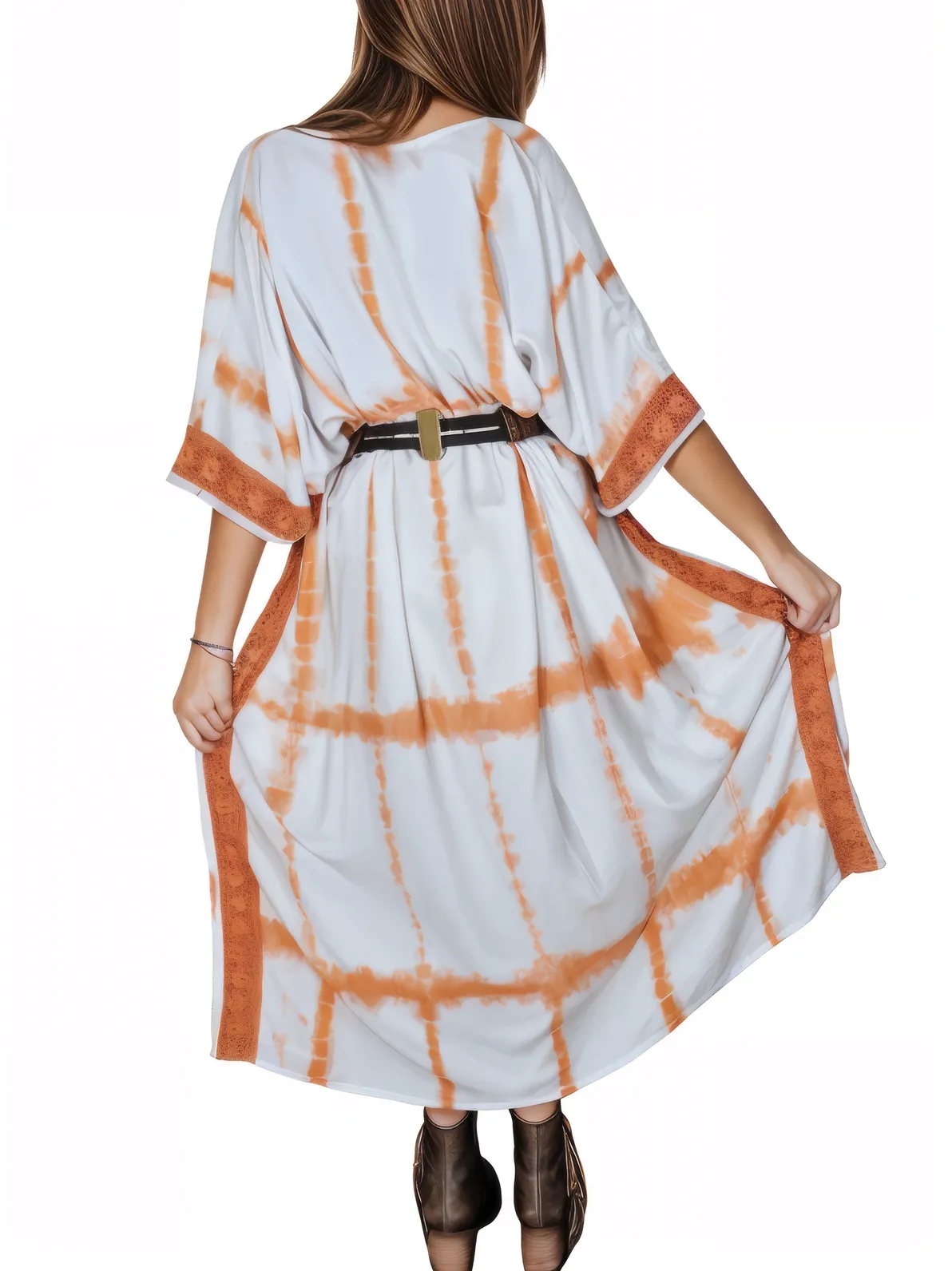 White/Orange Hand - Dyed Tie - Dye Maxi Kaftan Dress – Boho Chic, Flowy and Comfortable - Tenku Designs