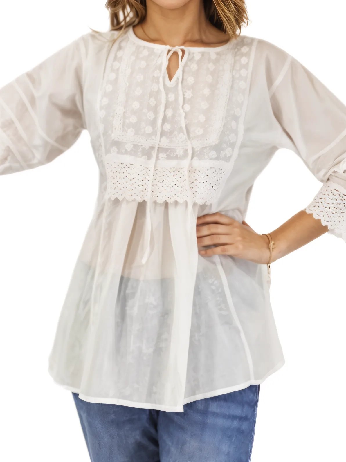 Woman's Lace Detail 100% Cotton White Blouse - Tenku Designs