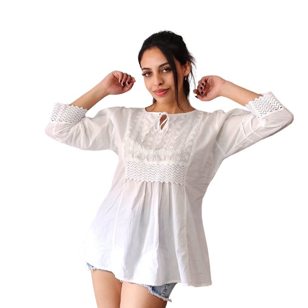 Woman's Lace Detail 100% Cotton White Blouse - Tenku Designs